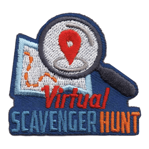 A magnifying glass hovers over a map. The words Virtual Scavenger Hunt sit beneath it.