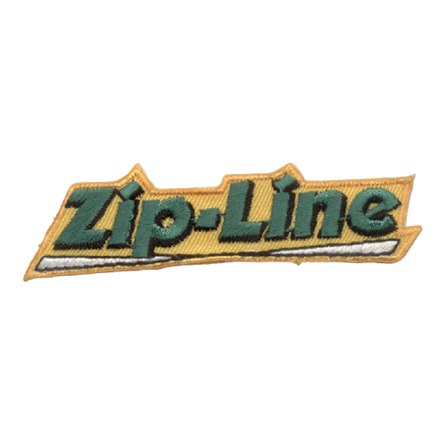This yellow background patch has the words ''Zip-Line'' thickly embroidered in green thread.