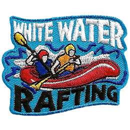 A red raft rocks in the choppy water as two riders paddle. The text White Water is at the top of the crest, and Rafting is at the bottom.