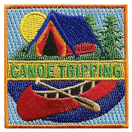A blue and yellow tent sits behind a red canoe. The words Canoe Tripping are across the middle.