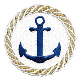 A two pronged, barbed nautical anchor is in the center of this circular crest. A braided rope made of gold thread is embroidered around the edge as a border.