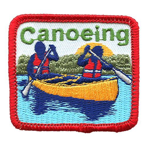 Two figures in red life jackets paddle an orange canoe. Canoeing is stitched in the sunset behind them.