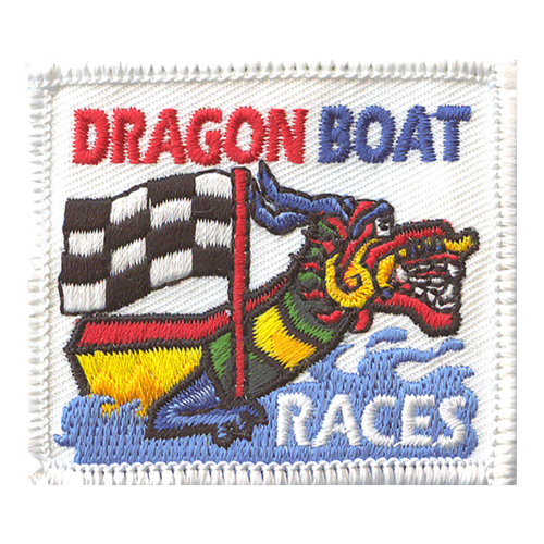 A boat decorated like a Chinese Lung holds a checkered flag. Dragon Boat Races is stitched above and below the boat.