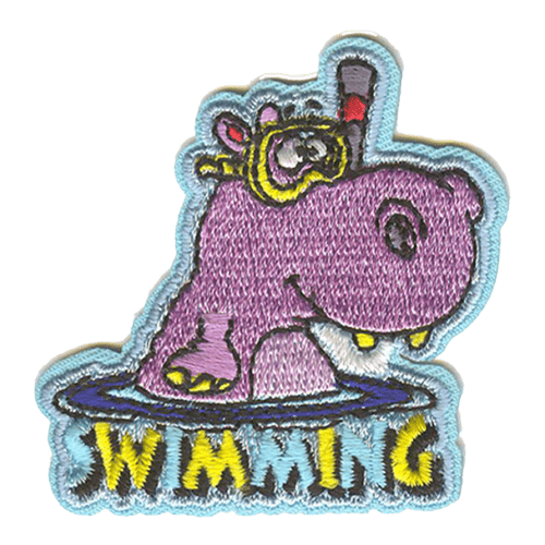 A hippo wearing a snorkel is above the word Swimming.