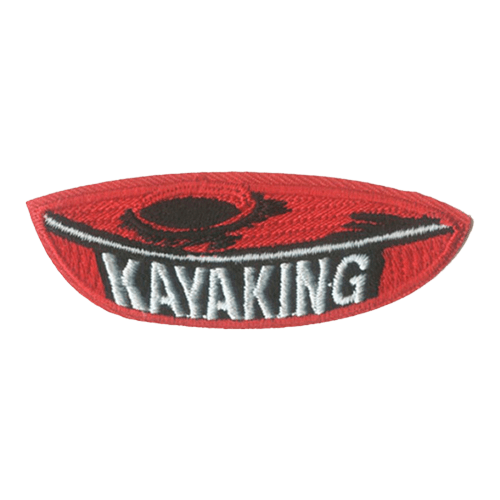 A red kayak with the word Kayaking stitched across the side.
