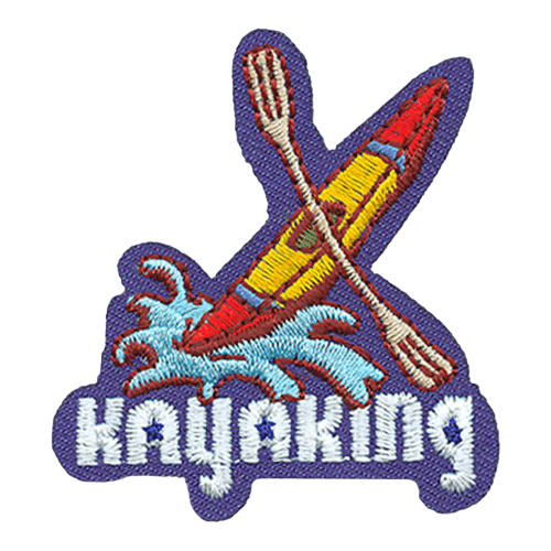 A yellow kayak with a painted red nose and tail leaps out of a breaking wave. A paddle is across the middle. At the bottom of this crest is the word Kayaking.