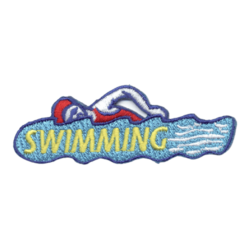 A person in a red bathing suit and swim cap swims through the water. The word Swimming is stitched in the water below.