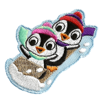 Two penguins raise their flippers in the air as they speed along on a wooden toboggan. The penguins are wearing toques and scarves.
