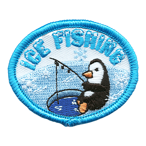 A penguin sits fishing out of a hole in the ice. The words Ice Fishing arch over the penguin's head.
