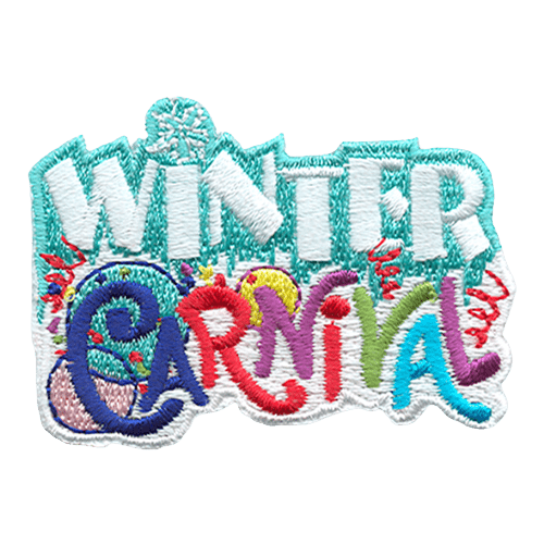 The words Winter Carnival make up the majority of this patch. Winter embroidered in a chilly teal colour and the letter i is dotted with a snowflake. Carnival is embroidered with different coloured threads and in uneven, playful writing. Balloons and streamers decorate the background behind Carnival.