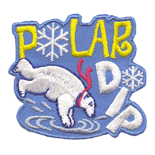 A polar bear diving into the water. The words Polar Dip are written above and next to it.