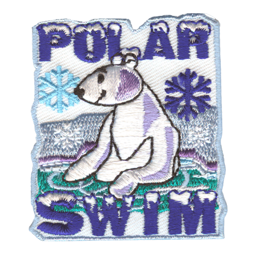 A polar bear sits in the water with Polar Swim stitched above and below.