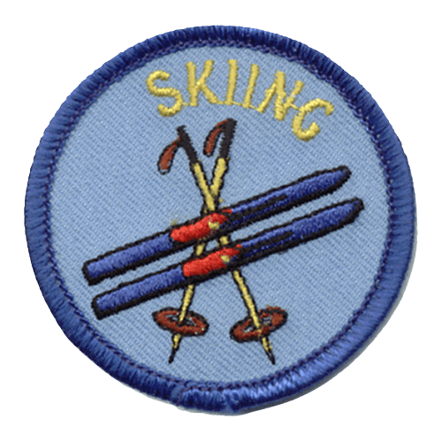 Two ski poles are crossed over each other. Two skis are on top of them. The word Skiing is at the top.