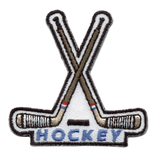 Two hockey sticks standing crossed above a puck with the words hockey below.