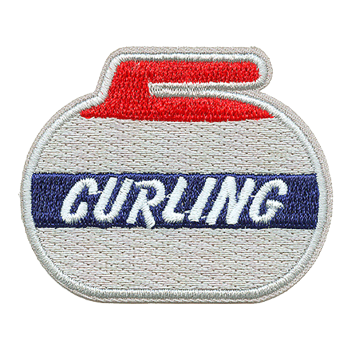 This curling stone has a red handle, grey body, and a blue stripe with the word Curling embroidered in white letters.