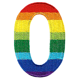 This patch is the number 0 in a bold font. It is coloured by descending rainbow stripes.