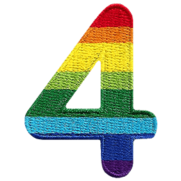 This patch is the number 4 in a bold font. It is coloured by descending rainbow stripes.