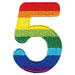 This patch is the number 5 in a bold font. It is coloured by descending rainbow stripes.
