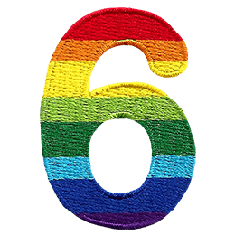 This patch is the number 6 in a bold font. It is coloured by descending rainbow stripes.