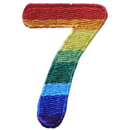 This patch is the number 7 in a bold font. It is coloured by descending rainbow stripes.
