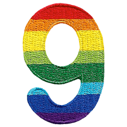 This patch is the number 9 in a bold font. It is coloured by descending rainbow stripes.