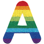 This patch is the letter A in bold font. It is coloured by descending rainbow stripes.