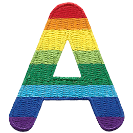 This patch is the alphabet letter A. From top down the colour changes from red to orange to yellow to light green to dark green to light blue to dark blue to purple.