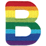 This patch is the letter B in bold font. It is coloured by descending rainbow stripes.