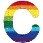 This patch is the letter C in bold font. It is coloured by descending rainbow stripes.