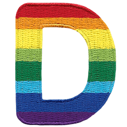 This patch is the alphabet letter D. From top down the colour changes from red to orange to yellow to light green to dark green to light blue to dark blue to purple.