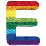 This patch is the letter E in bold font. It is coloured by descending rainbow stripes.