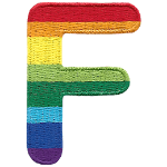 This patch is the letter F in bold font. It is coloured by descending rainbow stripes.
