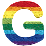 This patch is the letter G in bold font. It is coloured by descending rainbow stripes.