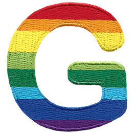 This patch is the letter G in bold font. It is coloured by descending rainbow stripes.