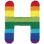 This patch is the letter H in bold font. It is coloured by descending rainbow stripes.