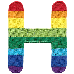 This patch is the letter H in bold font. It is coloured by descending rainbow stripes.