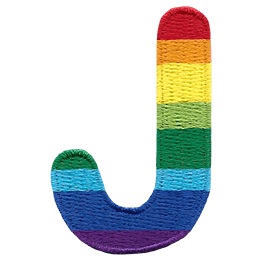 This patch is the letter J in bold font. It is coloured by descending rainbow stripes.