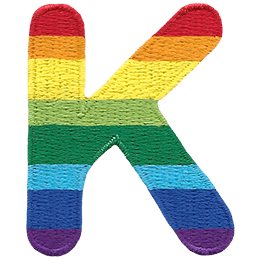 This patch is the letter K in bold font. It is coloured by descending rainbow stripes.