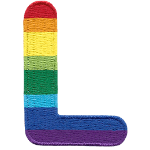 This patch is the letter L in bold font. It is coloured by descending rainbow stripes.