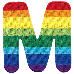 This patch is the letter M in bold font. It is coloured by descending rainbow stripes.