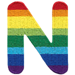 This patch is the letter N in bold font. It is coloured by descending rainbow stripes.