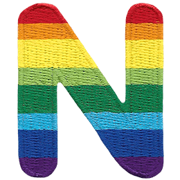 This patch is the letter N in bold font. It is coloured by descending rainbow stripes.