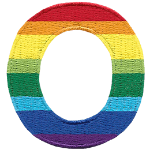 This patch is the letter O in bold font. It is coloured by descending rainbow stripes.