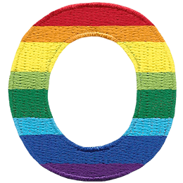 This patch is the letter O in bold font. It is coloured by descending rainbow stripes.