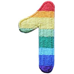 This patch is the number 1 in a bold font. It is coloured by descending rainbow stripes.