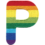 This patch is the letter P in bold font. It is coloured by descending rainbow stripes.