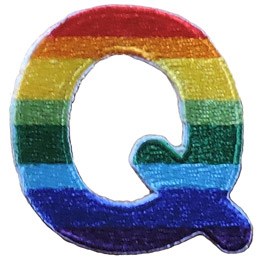 This patch is the letter Q in bold font. It is coloured by descending rainbow stripes.