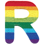 This patch is the letter R in bold font. It is coloured by descending rainbow stripes.