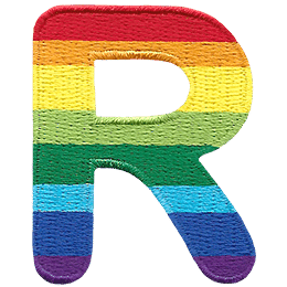 This patch is the alphabet letter R. From top down the colour changes from red to orange to yellow to light green to dark green to light blue to dark blue to purple.