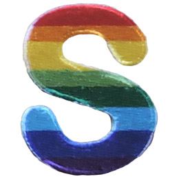 This patch is the letter S in bold font. It is coloured by descending rainbow stripes.